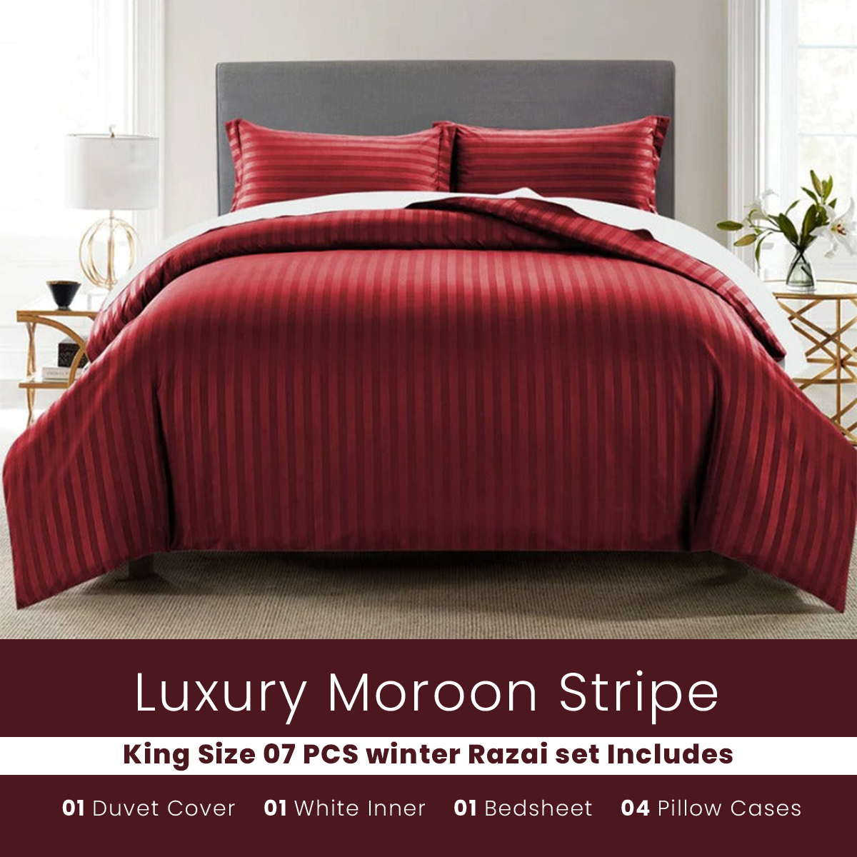 Maroon Stripe - 7pcs Winter Razai/Quilt Set (Luxury)