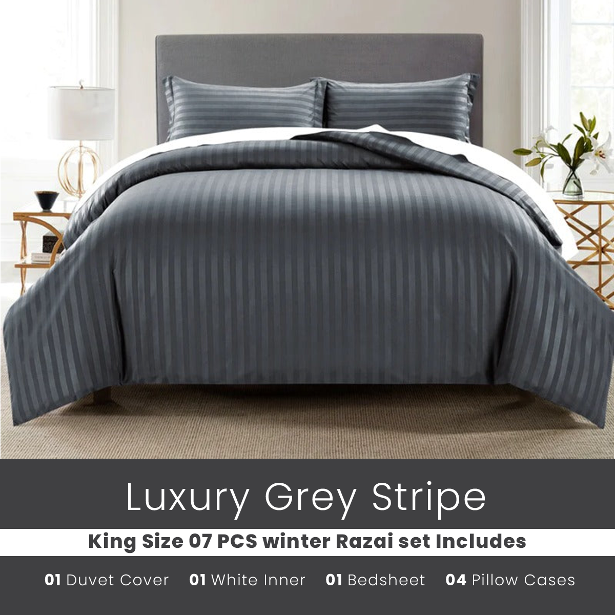 Grey Stripe - 7pcs Winter Razai/Quilt Set (Luxury)